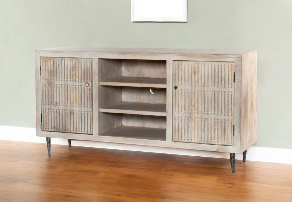 60" Ivory Carved Geometric Distressed Solid Wood Enclosed and Open Storage TV Stand - NOVA HOME FURNITURE