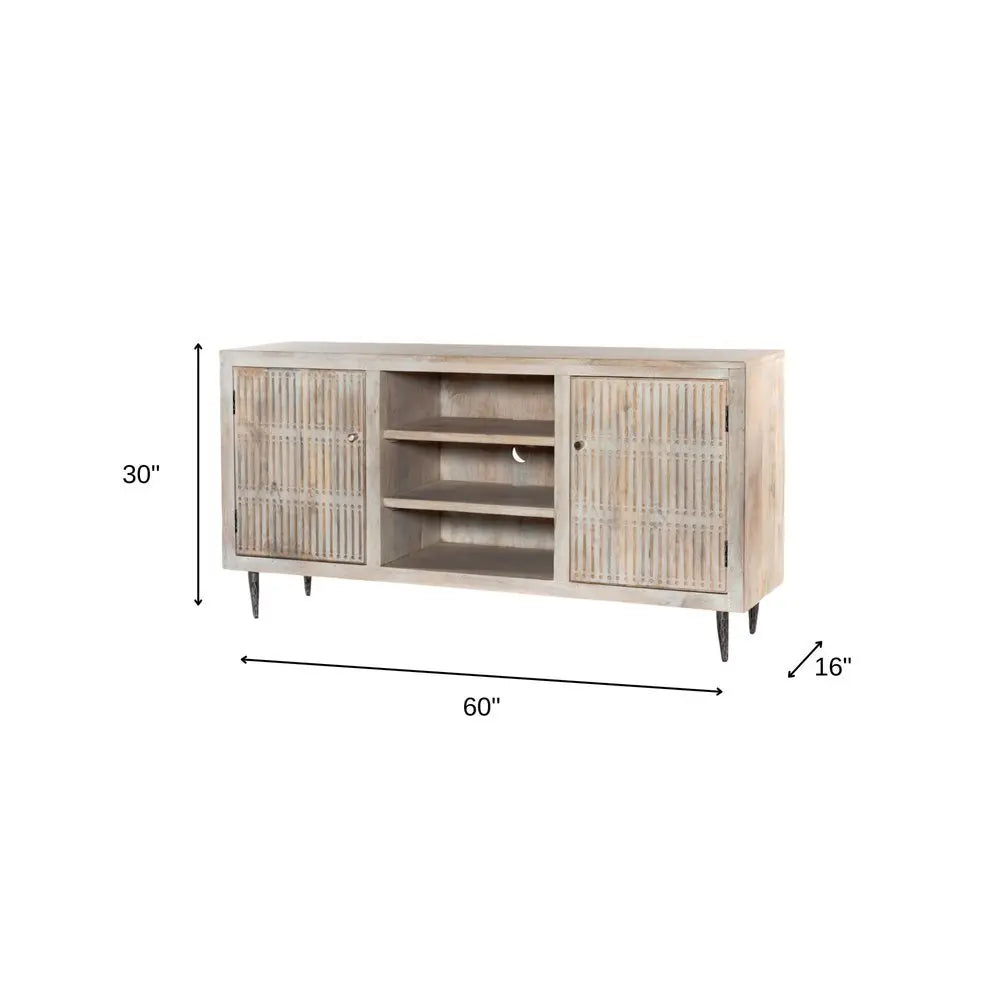 60" Ivory Carved Geometric Distressed Solid Wood Enclosed and Open Storage TV Stand - NOVA HOME FURNITURE