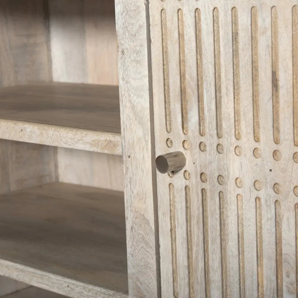 60" Ivory Carved Geometric Distressed Solid Wood Enclosed and Open Storage TV Stand - NOVA HOME FURNITURE