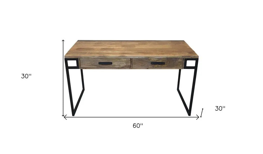 60" Natural and Black Solid Wood Writing Desk With Two Drawers - NOBLE HOME INTERIORS