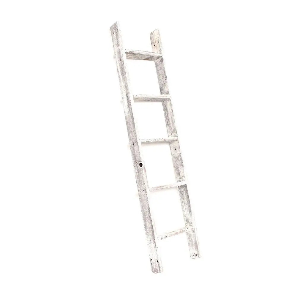 60" White Rustic Four Step Wood Ladder Shelf - NOBLE HOME INTERIORS