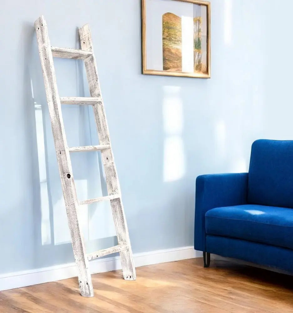 60" White Rustic Four Step Wood Ladder Shelf - NOBLE HOME INTERIORS
