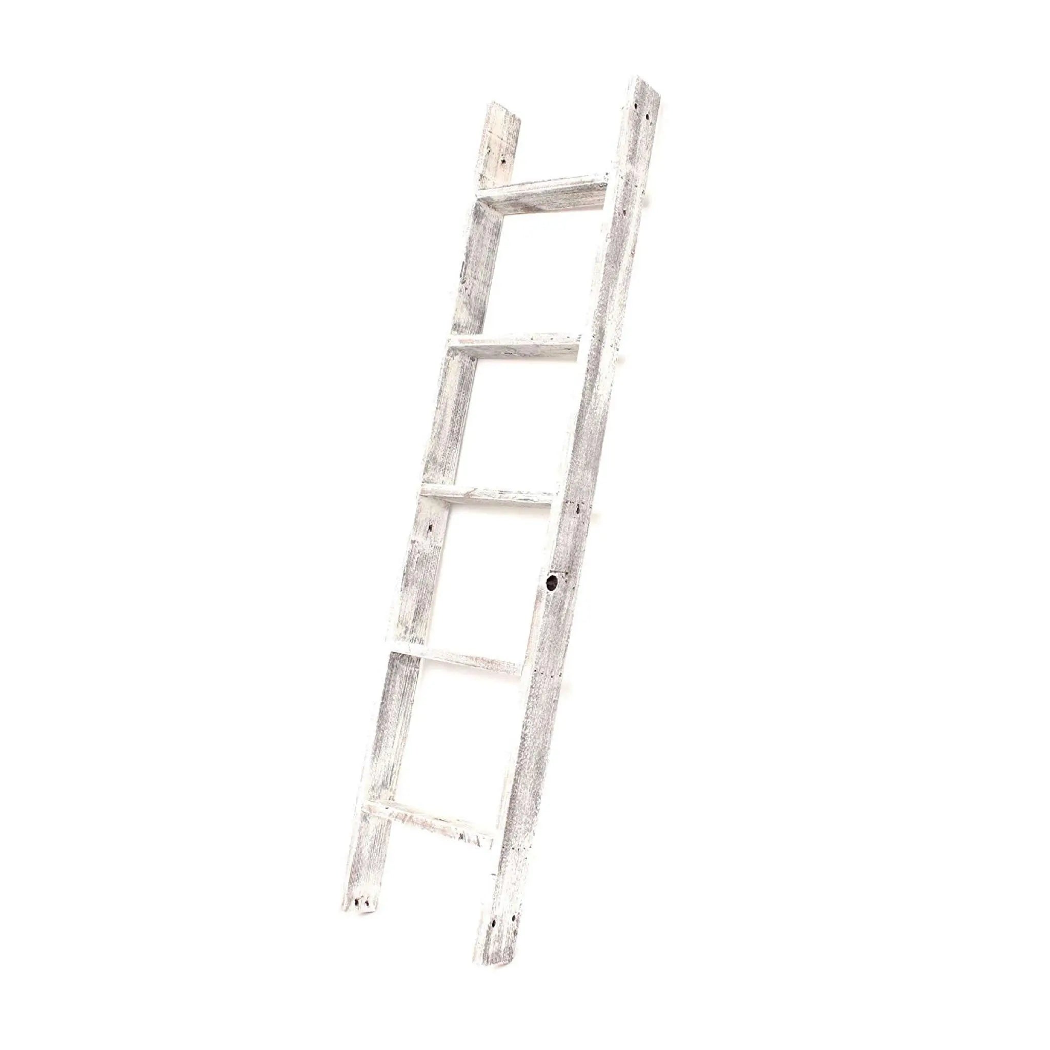 60" White Rustic Four Step Wood Ladder Shelf - NOBLE HOME INTERIORS