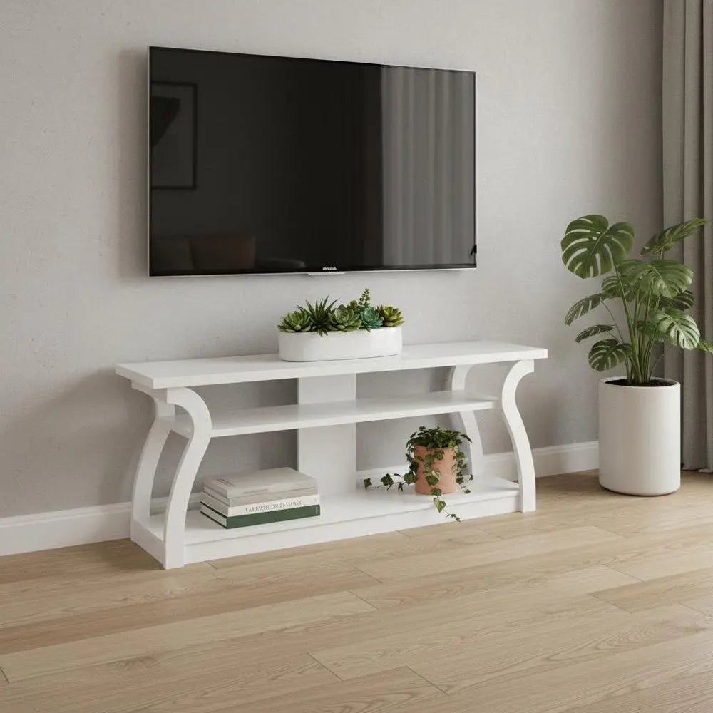 60" White Wood Open Shelving TV Stand - NOBLE HOME INTERIORS