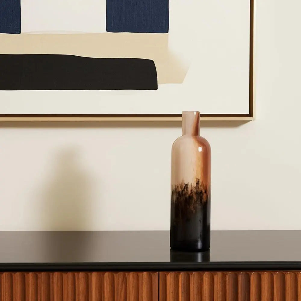11" Amber Cream And Dark Brown Abstract Glass Table Vase HomeRoots
