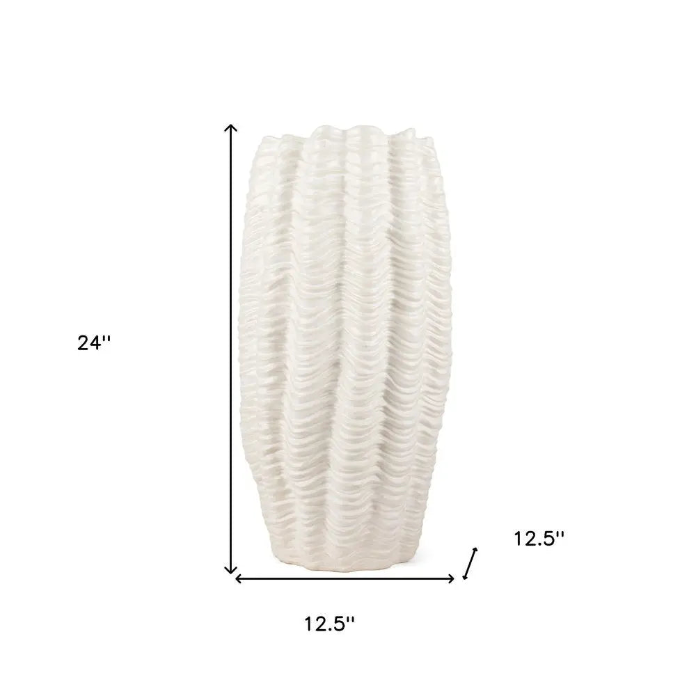 24" Cream Cylinder Ceramic Sculptural Waves Table Vase HomeRoots