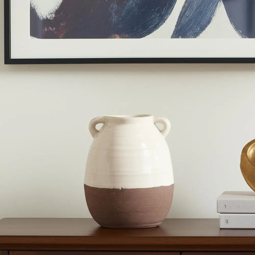 11" Brown And Cream Ceramic Amphora Table Vase HomeRoots