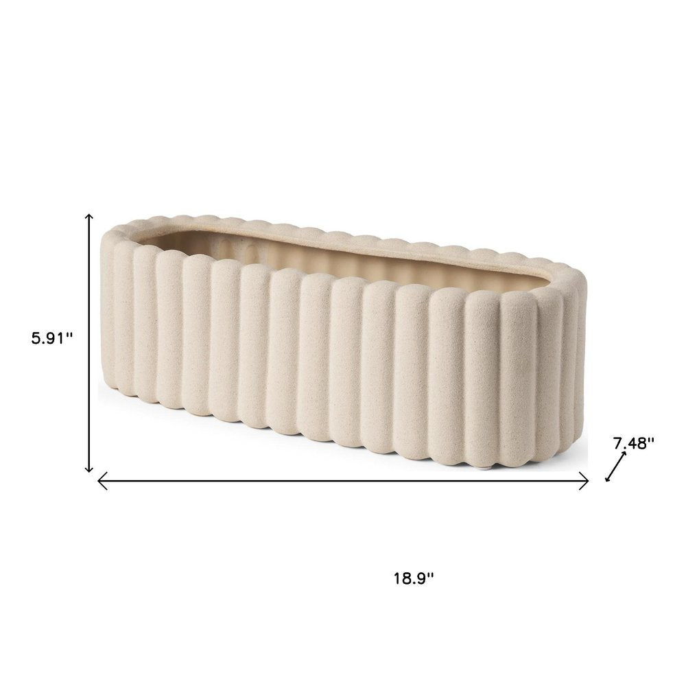 Jarrón de mesa de cerámica ovalada beige de 6" con textura acanalada