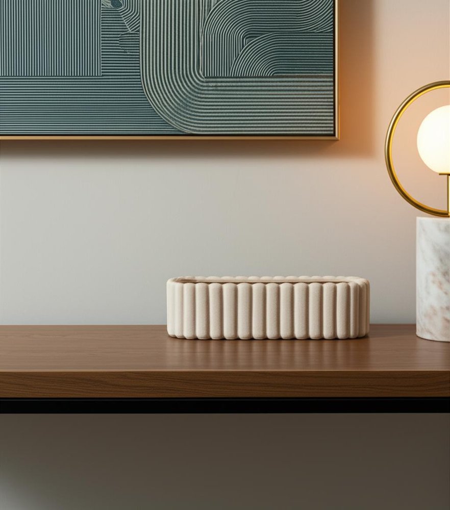 Jarrón de mesa de cerámica ovalada beige de 6" con textura acanalada