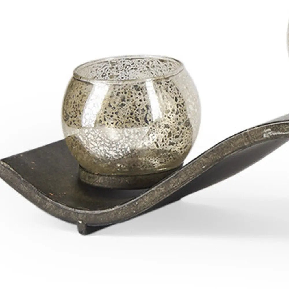 7" Silver Distressed Abstract Metal And Glass Tabletop Hurricane Candle Holder HomeRoots