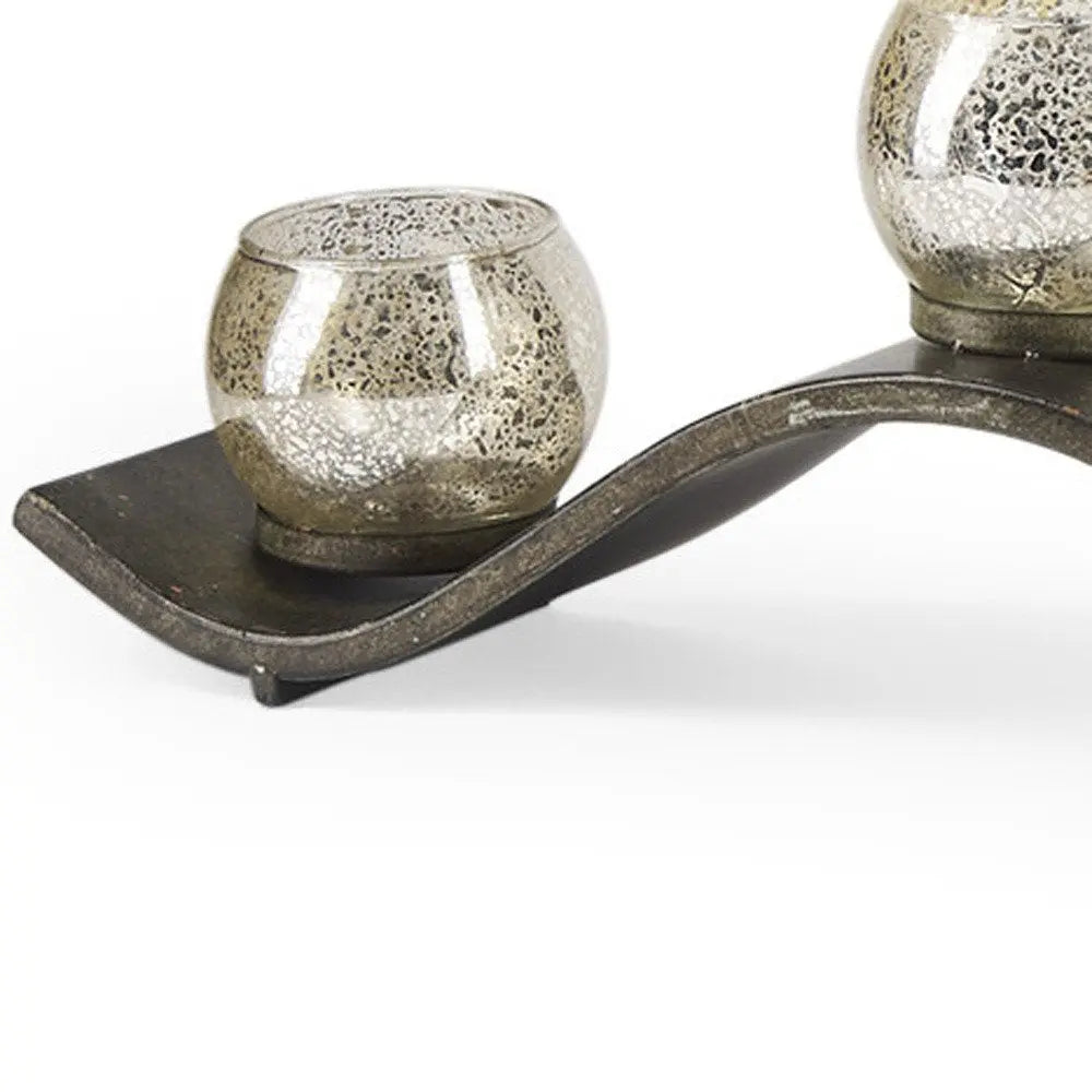 7" Silver Distressed Abstract Metal And Glass Tabletop Hurricane Candle Holder HomeRoots