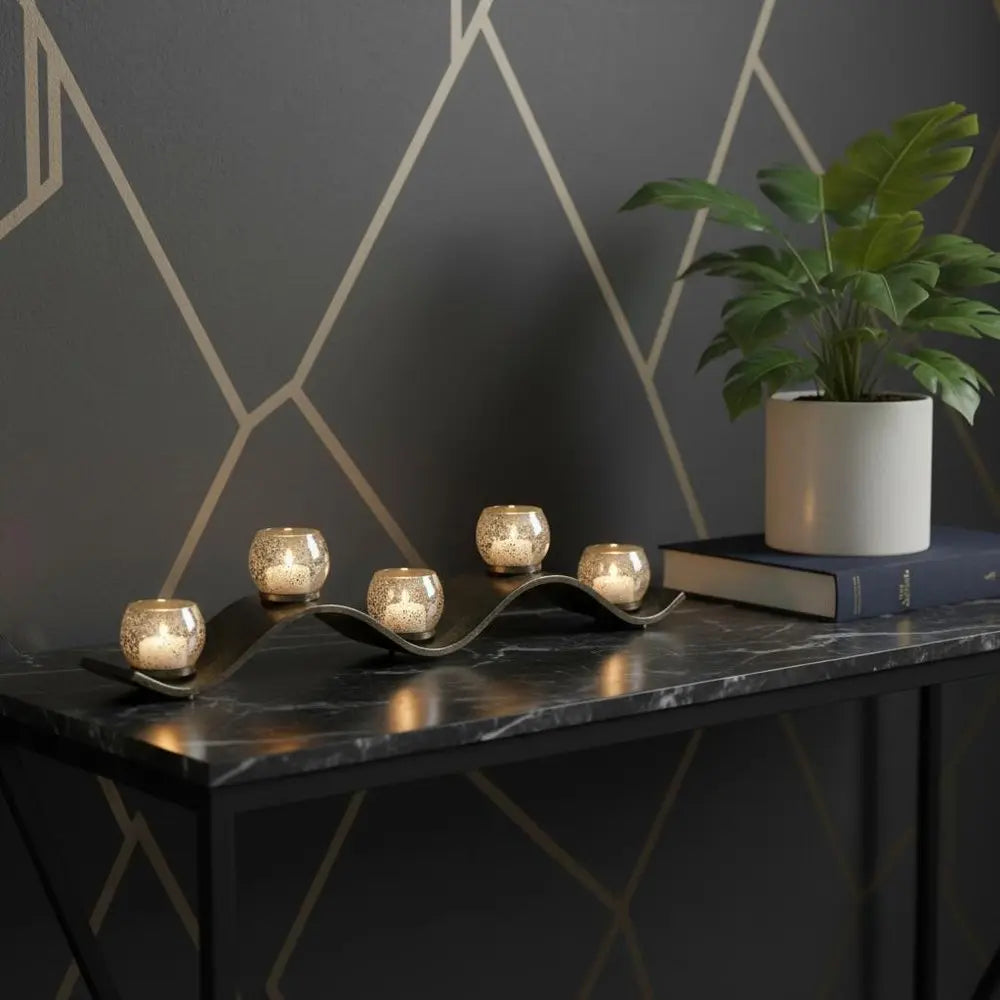 7" Silver Distressed Abstract Metal And Glass Tabletop Hurricane Candle Holder HomeRoots