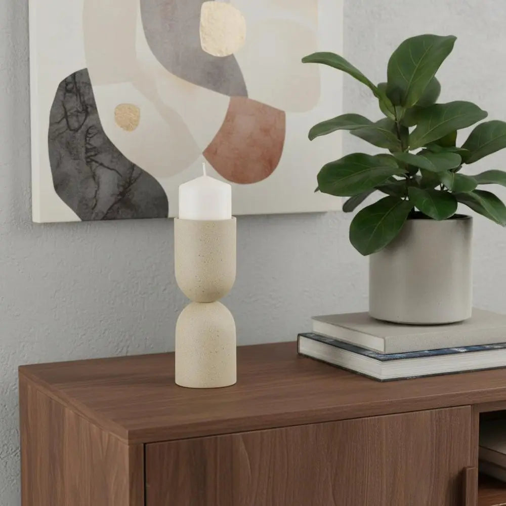 9" Beige Metal Tabletop Pillar Candle Holder HomeRoots