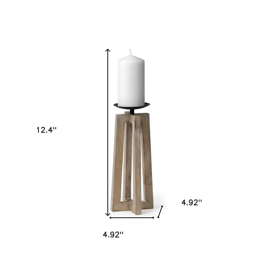 12" Light Brown Distressed Geometric Solid Wood And Metal Tabletop Pillar Candle Holder HomeRoots