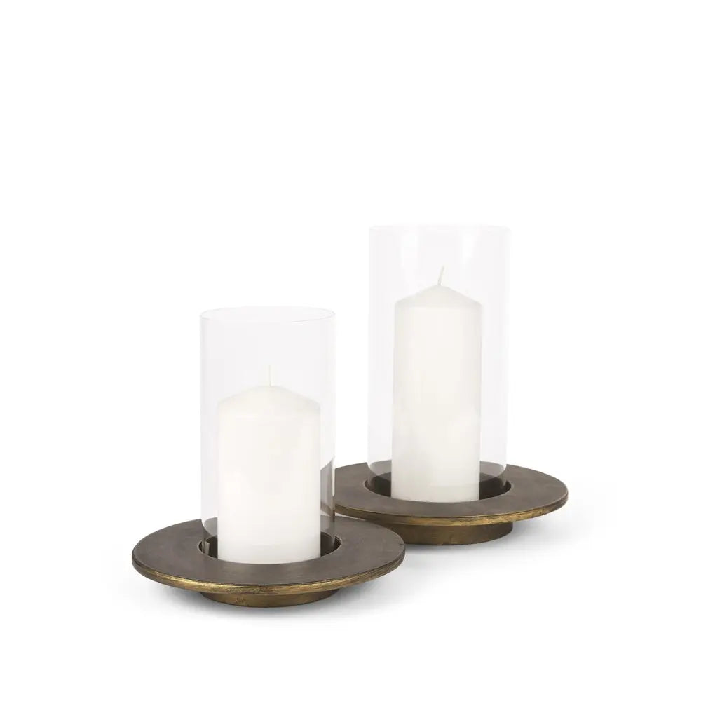 Set of Two Gold Distressed Geometric Metal Tabletop Hurricane Candle Holders