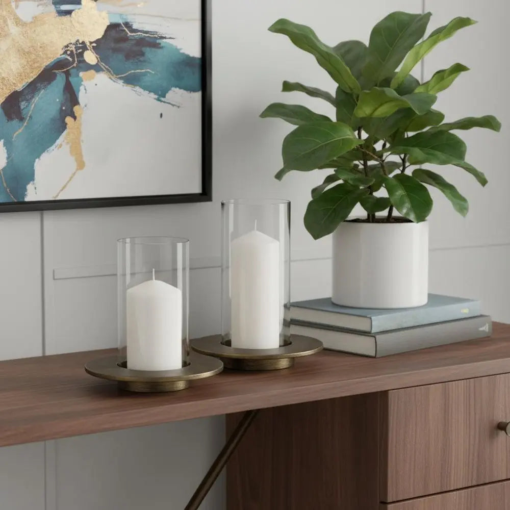 Set of Two Gold Distressed Geometric Metal Tabletop Hurricane Candle Holders HomeRoots