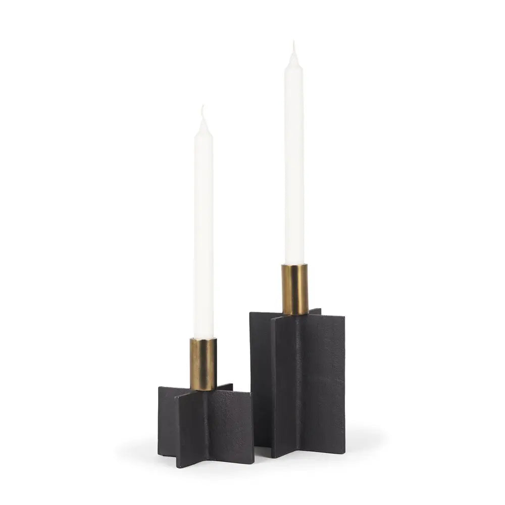 Set of Two Black And Gold Geometric Metal Tabletop Taper Candle Holders HomeRoots