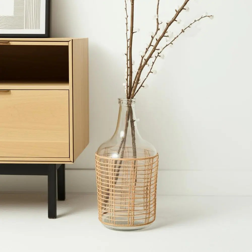 15" Clear And Natural Glass Bottle Floor Vase With Wrapped Rattan HomeRoots