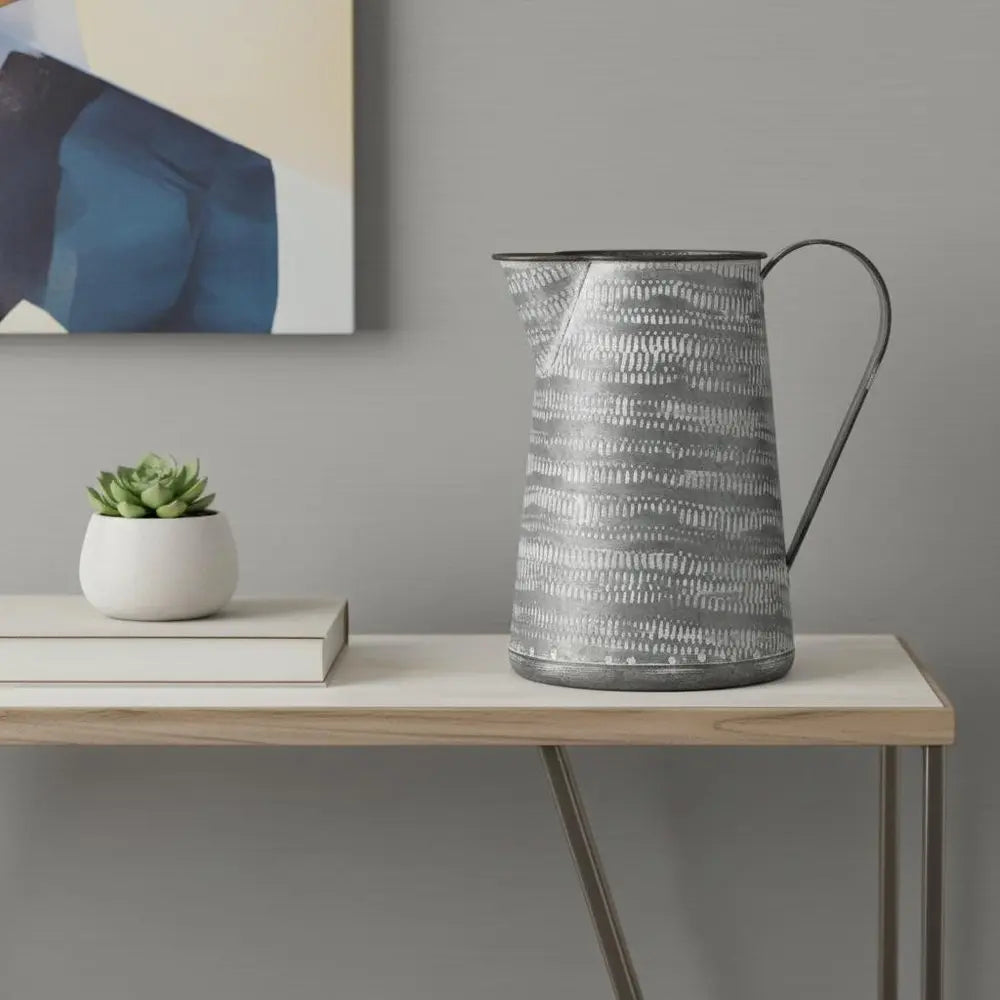 8" Gray And White Striped Metal Jug Vase HomeRoots