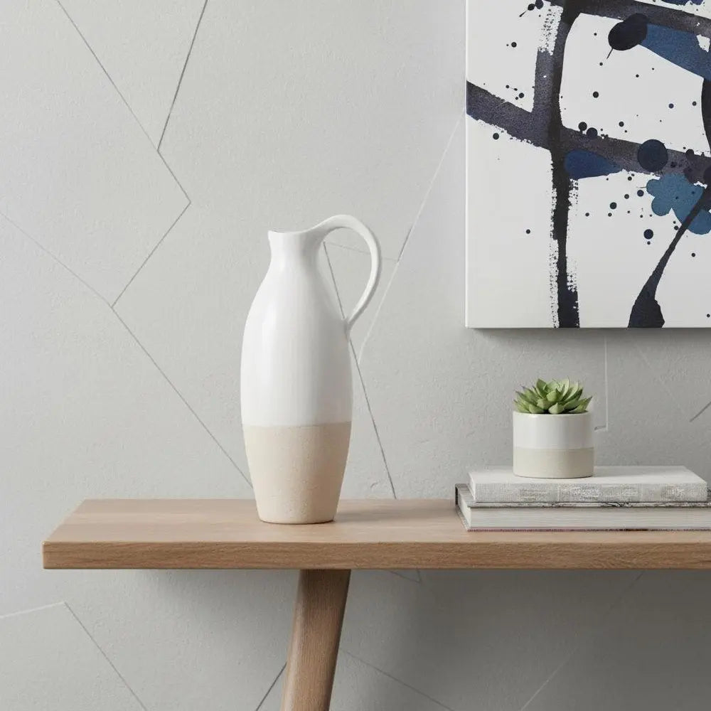 14" White And Beige Ombre Bud Ceramic Jug Vase HomeRoots