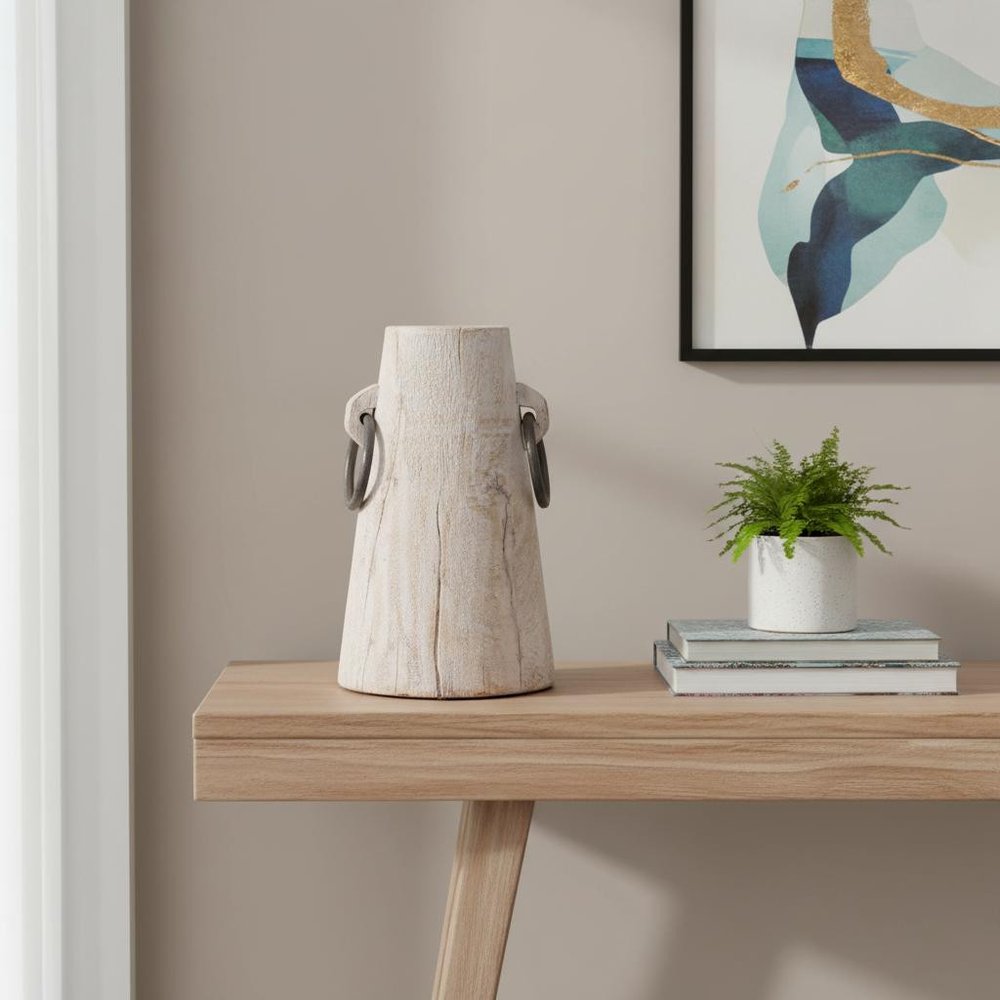 Jarrón cilíndrico de madera maciza beige de 10"