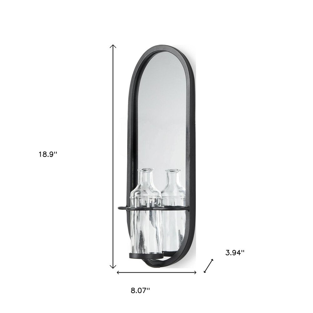 19" Black And Clear Glass Bottle Metal And Mirrored Glass Oval Wall Vase