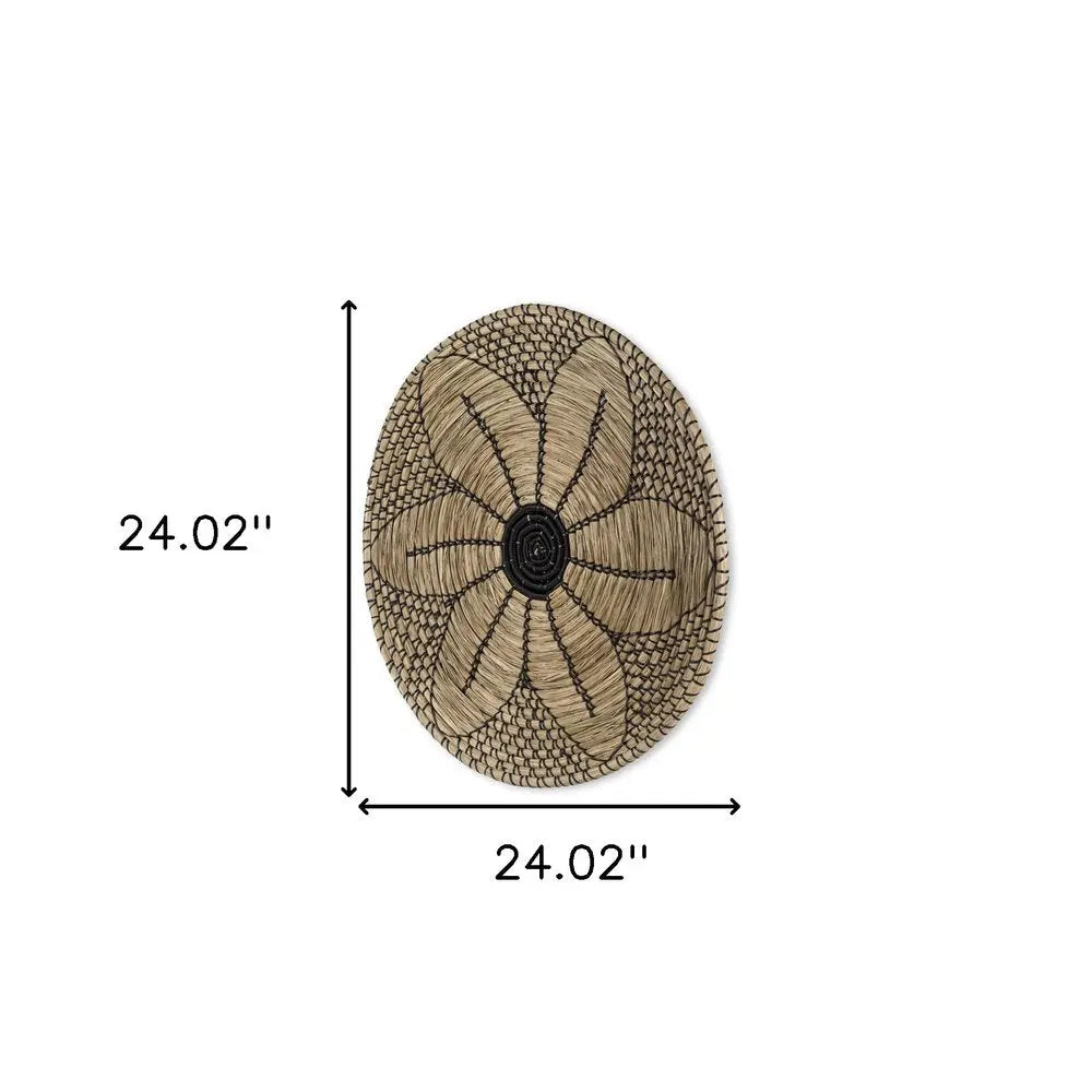 Mekhi 24" X 24" Black And Light Brown Floral Seagrass Circle Hanging Dimensional Sculpture HomeRoots