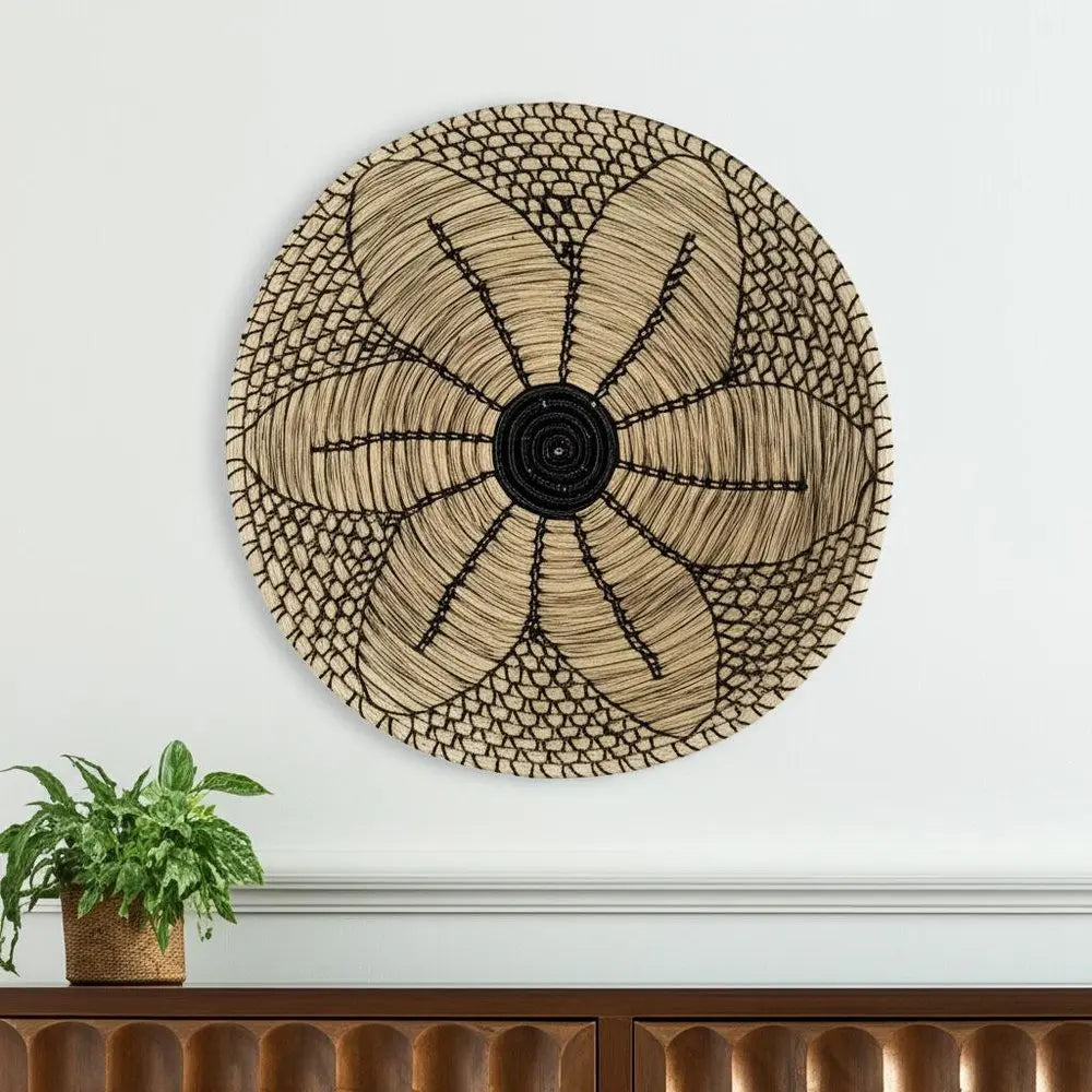 Mekhi 24" X 24" Black And Light Brown Floral Seagrass Circle Hanging Dimensional Sculpture HomeRoots