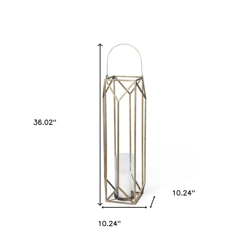 36" Gold Distressed Geometric Metal Tabletop Lantern Candle Holder HomeRoots