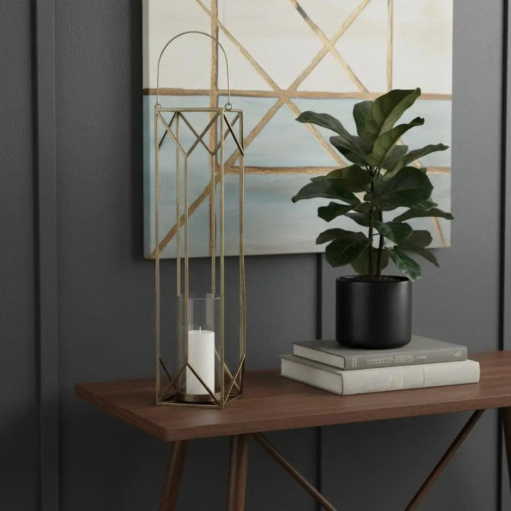 36" Gold Distressed Geometric Metal Tabletop Lantern Candle Holder HomeRoots