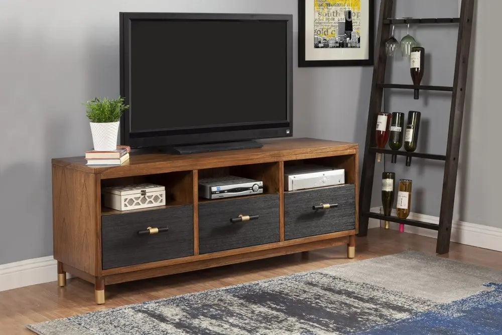 61" Brown and Black Solid Wood Open Shelving TV Stand - NOVA HOME FURNITURE
