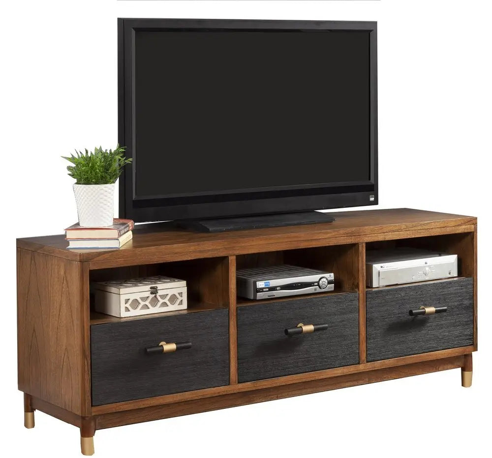 61" Brown and Black Solid Wood Open Shelving TV Stand - NOVA HOME FURNITURE