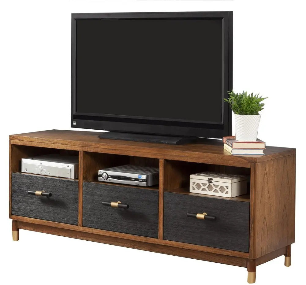 61" Brown and Black Solid Wood Open Shelving TV Stand - NOVA HOME FURNITURE