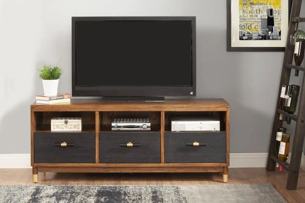 61" Brown and Black Solid Wood Open Shelving TV Stand - NOVA HOME FURNITURE