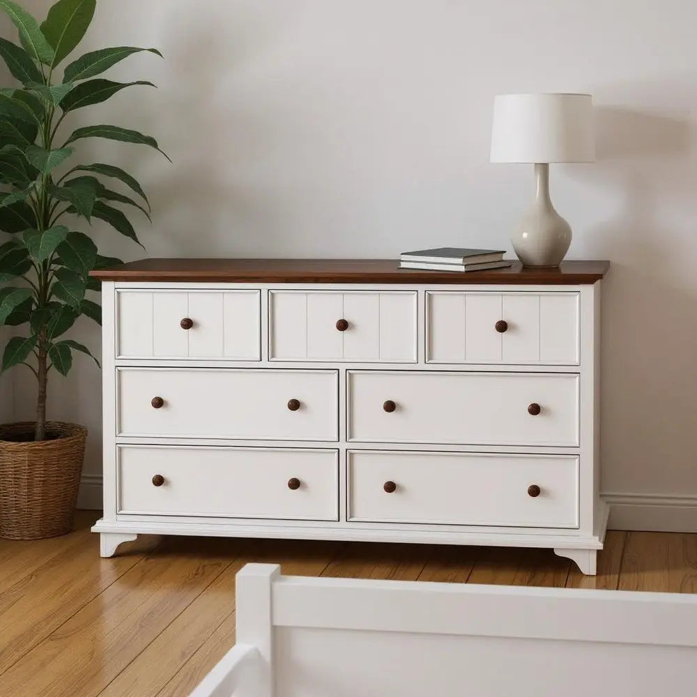 61" White And Walnut Wood Seven Drawer Captains Dresser - NOBLE HOME INTERIORS