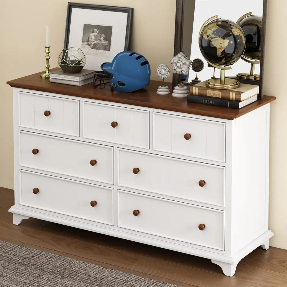 61" White And Walnut Wood Seven Drawer Captains Dresser - NOBLE HOME INTERIORS