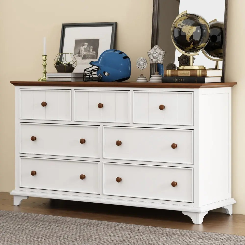 61" White And Walnut Wood Seven Drawer Captains Dresser - NOBLE HOME INTERIORS
