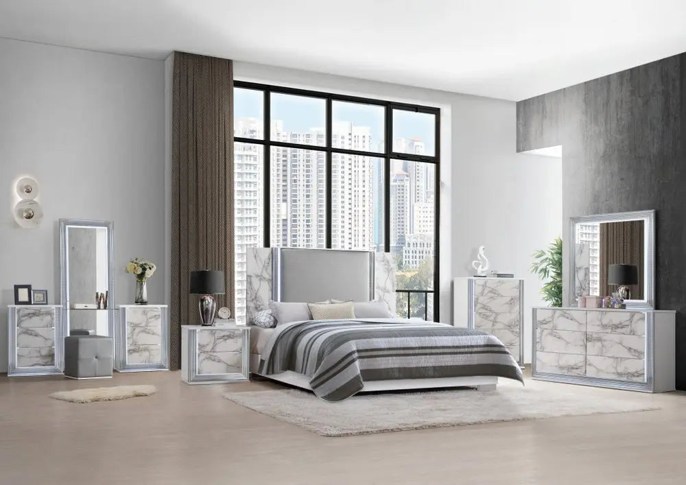 61" White Faux Marble And Wood Lighted Six Drawer Double Dresser - NOBLE HOME INTERIORS