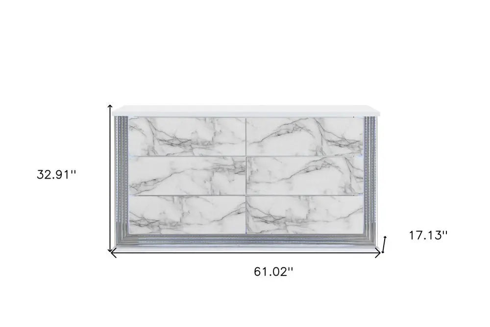 61" White Faux Marble And Wood Lighted Six Drawer Double Dresser - NOBLE HOME INTERIORS