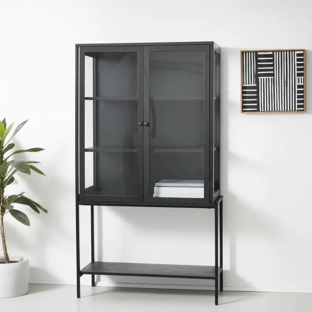 36" Black Solid Wood and Metal Display Cabinet With Two Doors HomeRoots