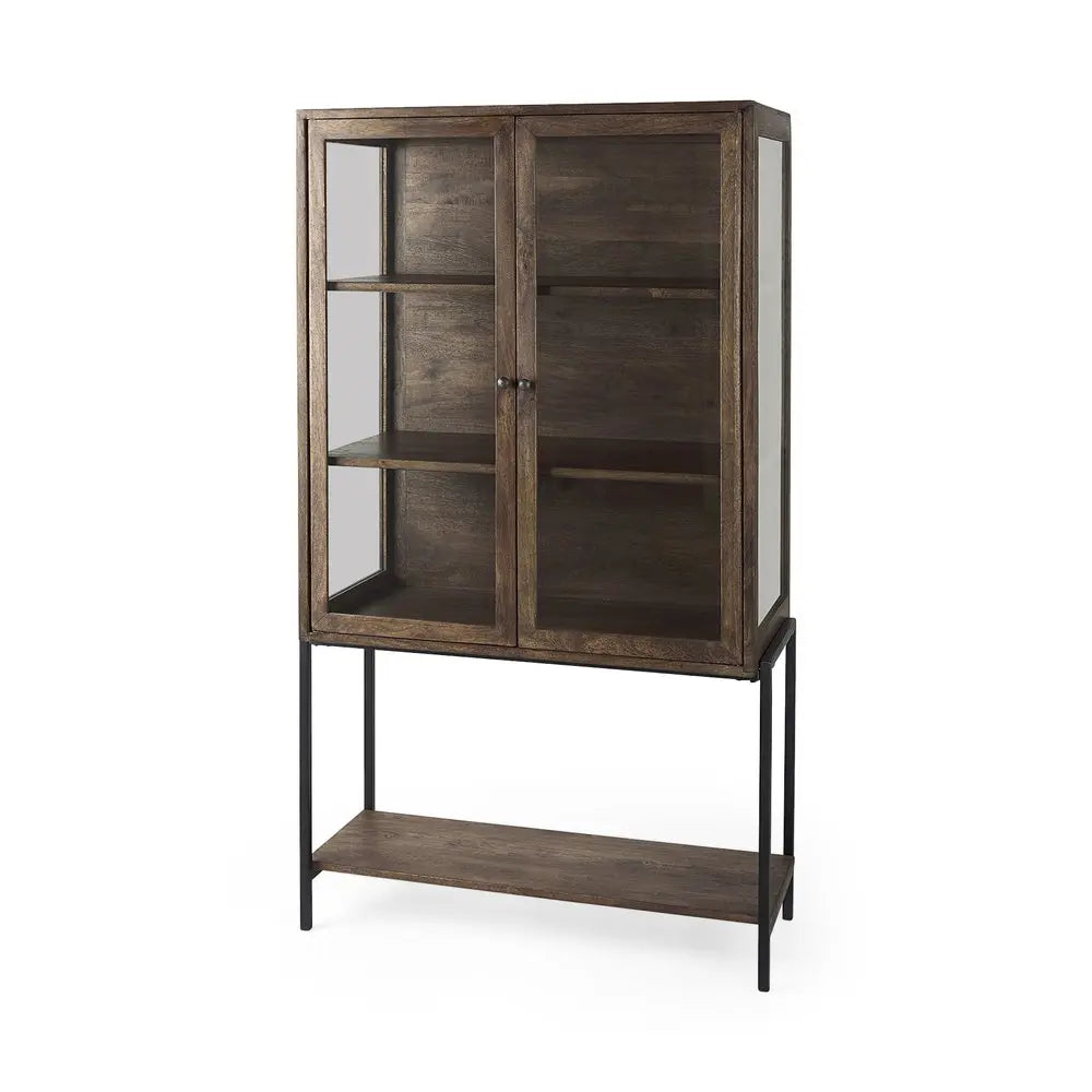 36" Brown and Black Solid Wood and Metal Display Cabinet With Two Doors HomeRoots