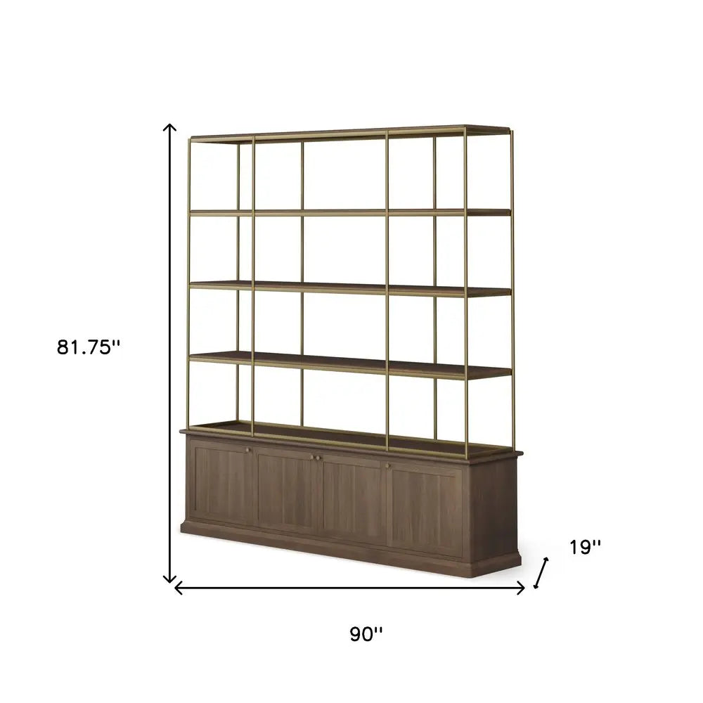 82" Antiqued Brass And Brown Distressed Metal and Solid Wood Four Tier Bookcase with Four Doors HomeRoots
