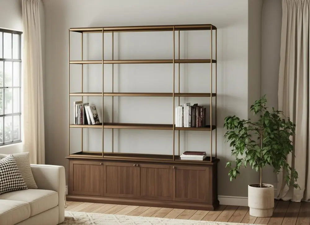 82" Antiqued Brass And Brown Distressed Metal and Solid Wood Four Tier Bookcase with Four Doors HomeRoots