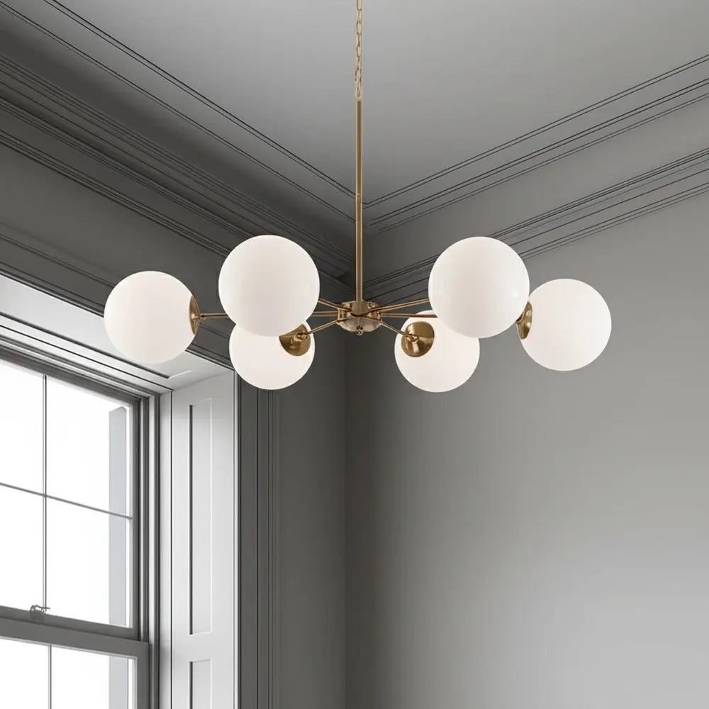 Gold Sputnik Six Light Frosted Metal Dimmable Chandelier With White Shades HomeRoots