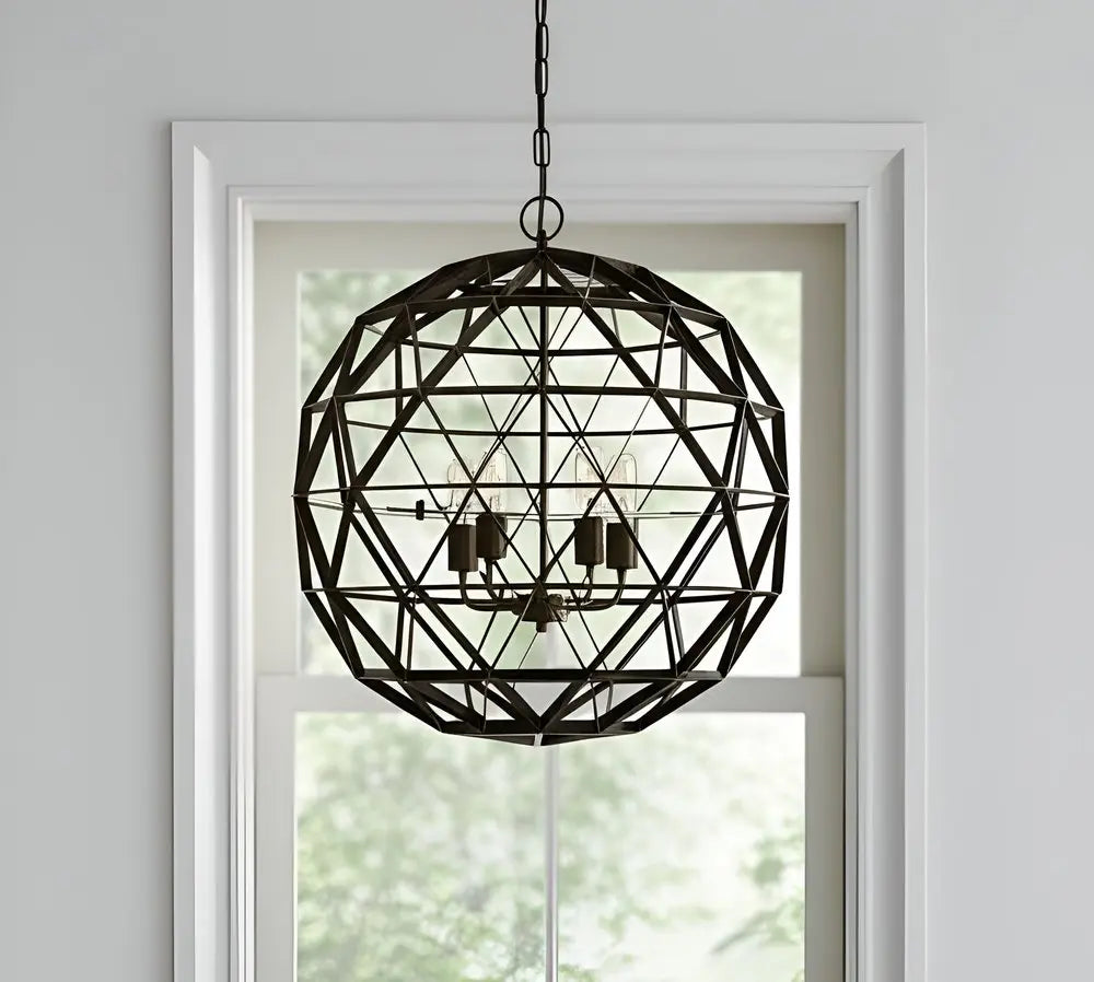 Black Caged Four Light Metal Dimmable Chandelier HomeRoots