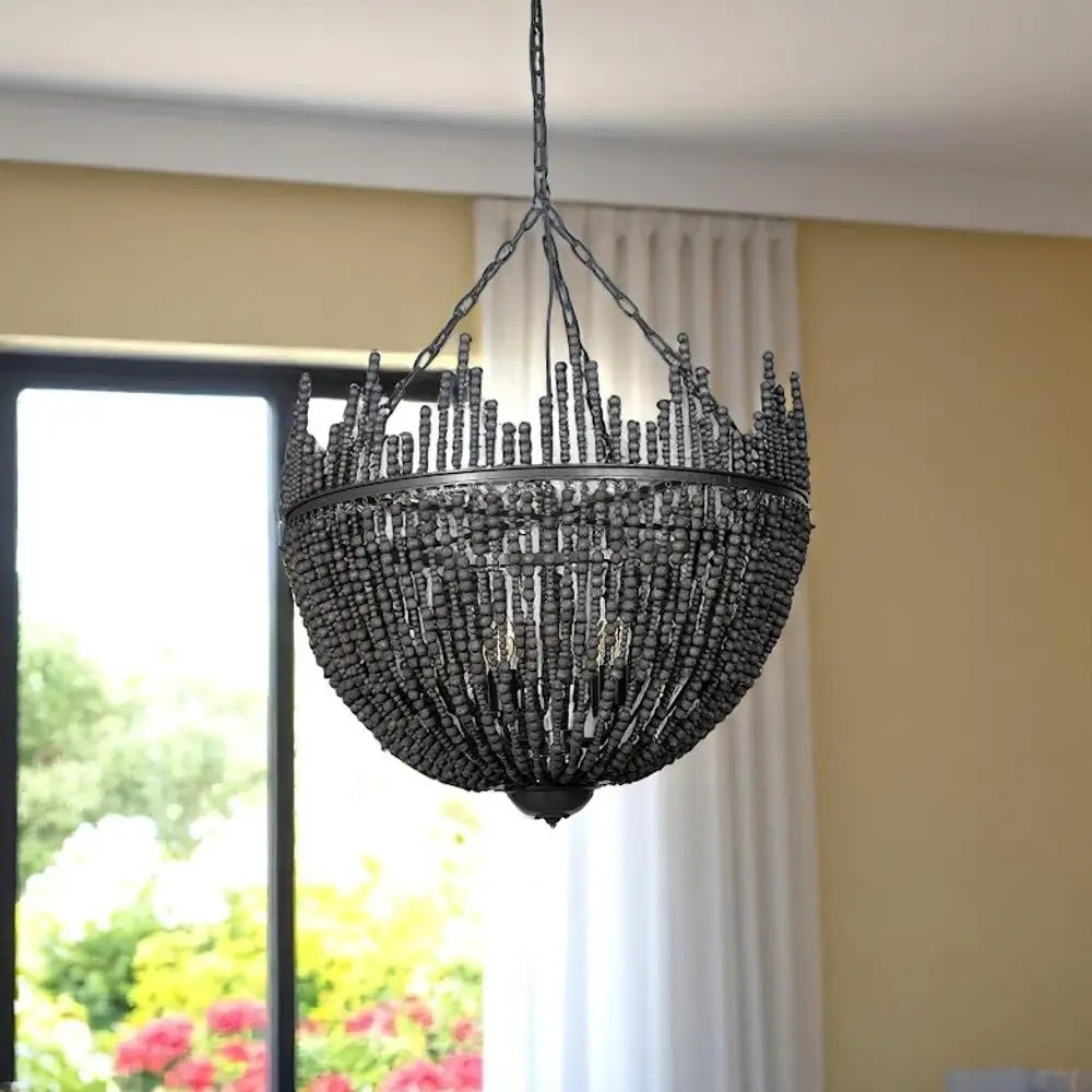 Black Unique Statement Four Light Metal and Beads Dimmable Chandelier HomeRoots