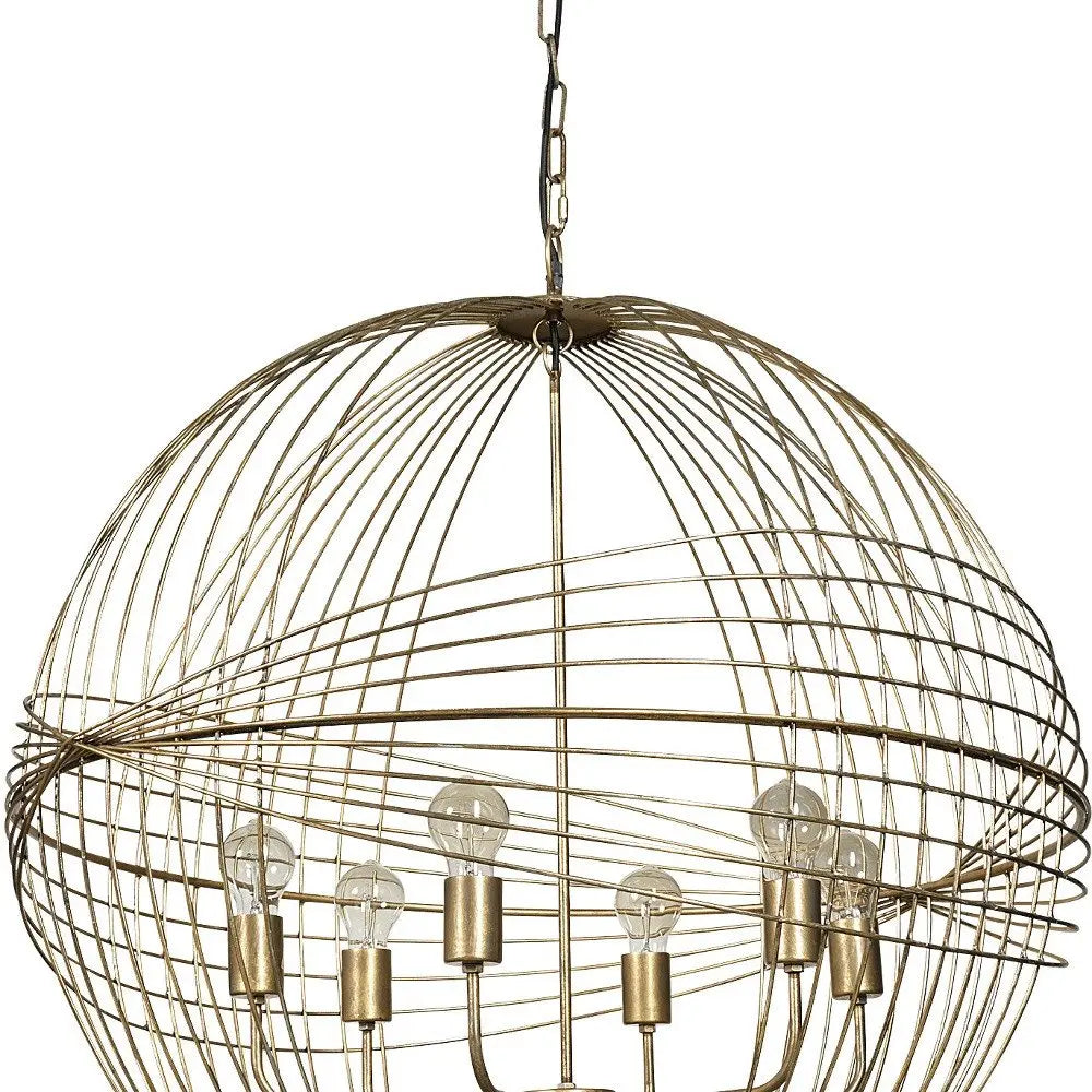 Gold Caged Six Light Metal and Glass Dimmable Chandelier With Gold Shades HomeRoots