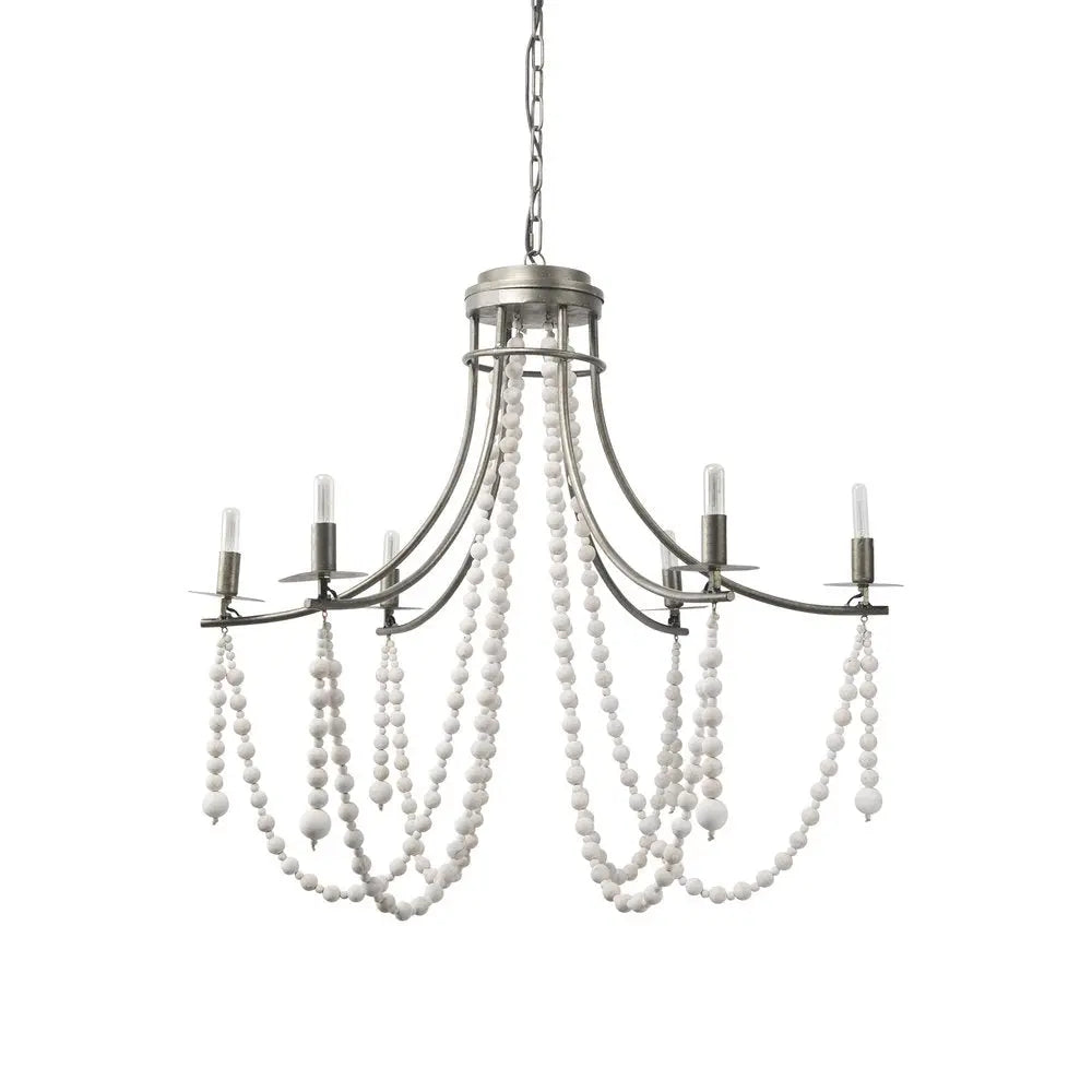 White And Silver Candle Style Six Light Metal and Beads Dimmable Chandelier HomeRoots
