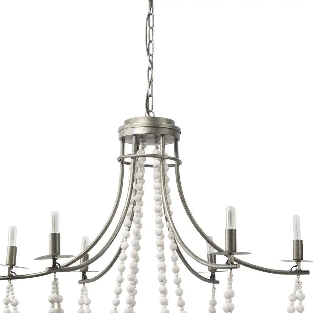 White And Silver Candle Style Six Light Metal and Beads Dimmable Chandelier HomeRoots