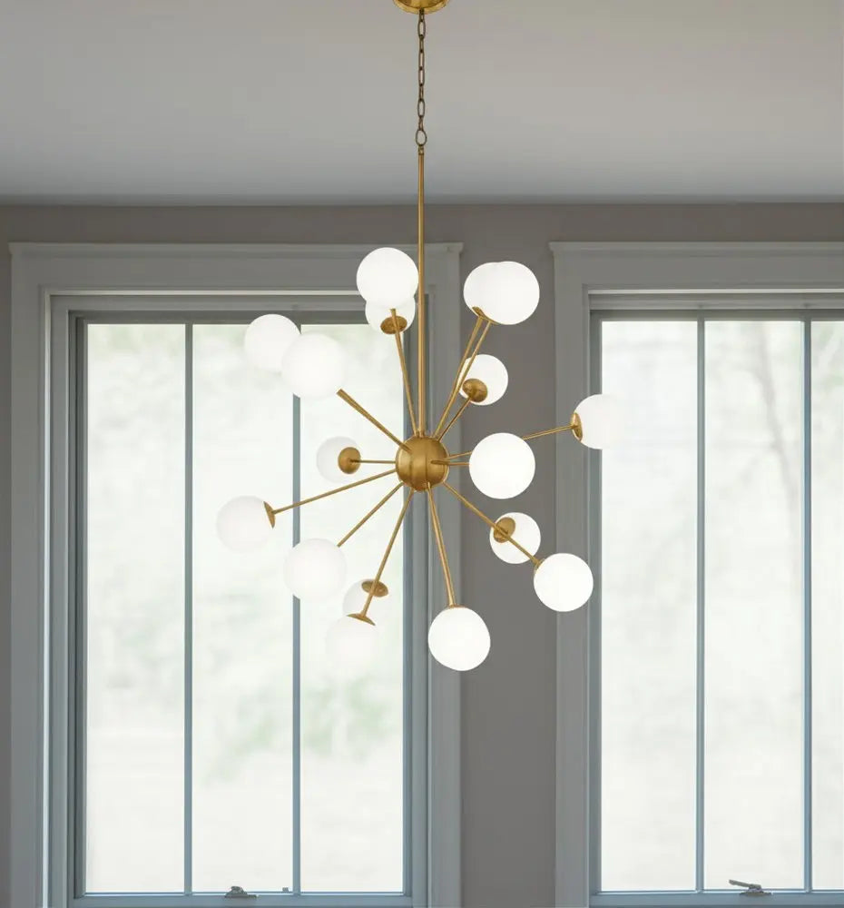 Gold Sputnik Multi Light Frosted Metal and Glass Dimmable Chandelier With White Shades HomeRoots